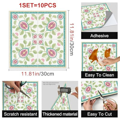 HOMETITUTE Teal Border Fig Floral Peel and Stick Tile Art Deco,12"x12" - color: Teal and Gold