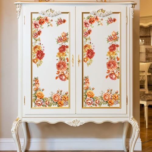 OLYCRAFT 3Pcs/Set Orange Flower Rub on Transfers for Furniture and Craft 6x12 Inch Peony Furniture Decal Transfer Sticker Rub on Decal with 1pc Scraper for Scrapbook Window Home Decoration - style: Orange Flower