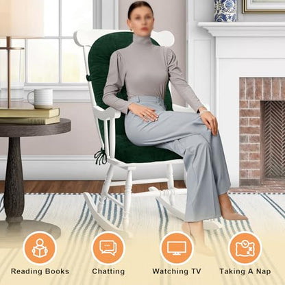 Rocking Chair Cushion - Chenille Fabric, High-Density Sponge, Durable Comfort Non-Slip Bottom Tufted Seat Pads with Ties, Chenille︱Green, 44x19x4 inch - color: Green