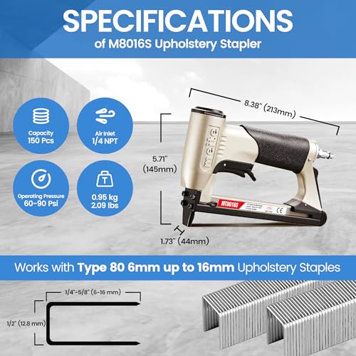 meite Pneumatic Upholstery Staple Gun for 21 Gauge 1/2-Inch Crown Staples, Heavy-Duty Stapler Gun for Woodworking, Carpentry, and DIY Projects (Model MT8016)