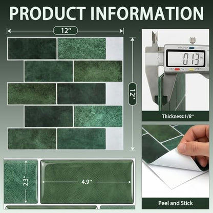 Arttown Peel and Stick 3D Wall Backsplash, 10-Sheet, 12" × 12" Green - color: Forest Green, size: 10PC 12"x12"