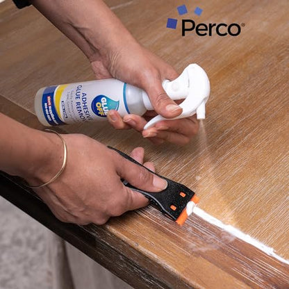 Perco Glue Off Adhesive Remover - New Stronger Formula! - 3.3 oz with Scraper & Plastic Razor | Glue Remover Spray Effortlessly Erase Adhesive Hassles & Car Stickers - for Label Sticker Residue - size: 3.3 Fl Oz (Pack of 1)
