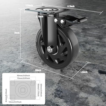 6 Inch Caster Wheels Heavy Duty Casters Set of 4 with Brake - color: Black, size: 6 Inch