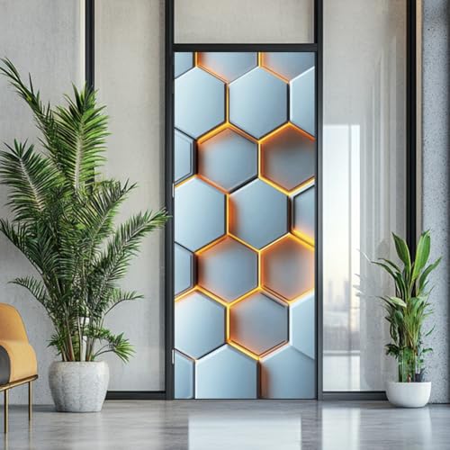 arricraft 2 Sheets Geometric Self-Adhesive Door Sticker, 31.5x78.7inch 3D Hexagon Pattern Door Murals Stickers PVC Removable Wallpaper Decoration for Bedrooms Living Room - style: Hexagon
