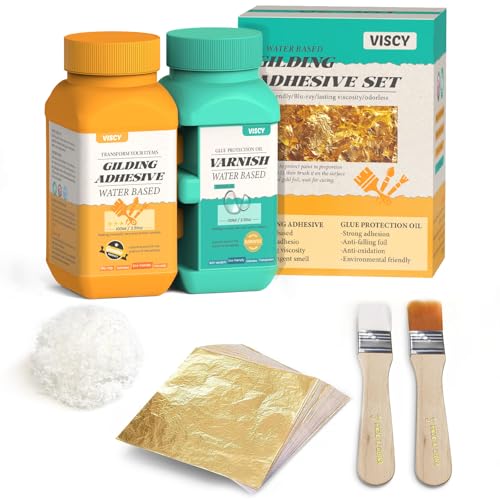 Gold Leaf Adhesive, Gilding Adhesive Set with 100ml Water Based Metal Leaf Glue and 100ml Varnish, 100 pcs Foil, 2 Brushes, Foil Wiping Cotton, for Arts, Crafts and Painting.