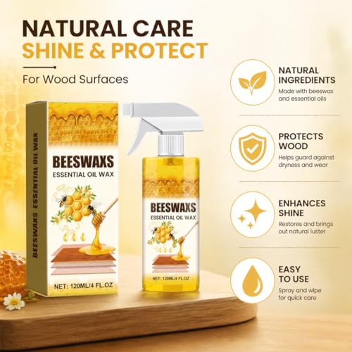 Beeswax Wood Polish Spray, Natural Furniture Cleaner & Restorer, Removes Scratches, Conditions & Protects Cabinets, Floors, Tables, Multi-Surface Wood Care (4oz)