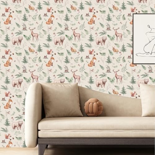 HLNIUC Beige Woodland Peel And Stick Wallpaper 17”x118”Forest Themed Room Paper Safari Animal Wall Paper Jungle Woodland Contact Paper Wildlife Fox Deer Bear Owl Wall Mural Squirrel Paper for Nursery - color: Style 6