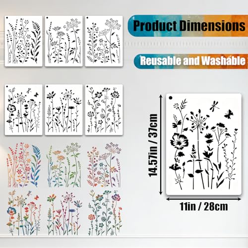 6 PCS Wildflower Stencils for Painting, Reusable Large Floral for Crafts - size: 6 Pcs (14.57*11in)