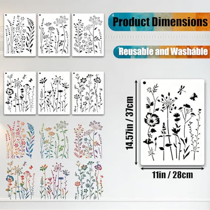 6 PCS Wildflower Stencils for Painting, Reusable Large Floral for Crafts - size: 6 Pcs (14.57*11in)