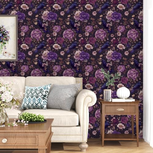Laatse Gothic Dark Purple Crow Floral Wallpaper Peel and Stick 17.5"x393" - color: Dark Purple, size: 17.5" x 393"