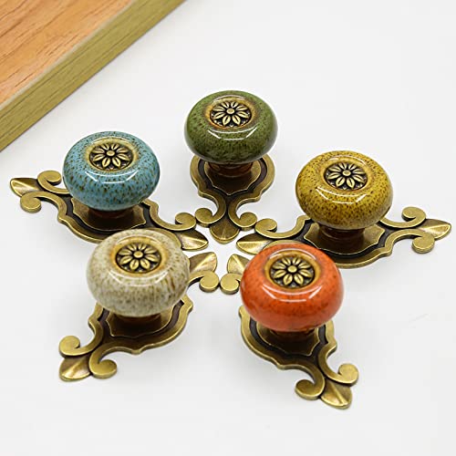 HUAMULAN 10 Pack Ceramic Knobs Leopard Dresser Cabinet Pulls with Backplate - color: A7-BaoLan-10PACK