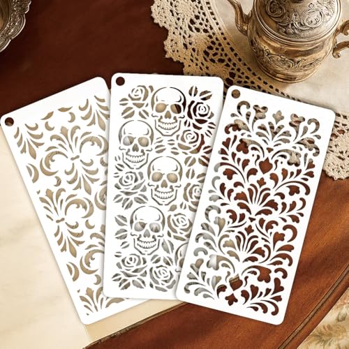 12 Sheets Gothic Texture Stencil for Painting, Rose Skull Retro Flower Drawing Stencil Reusable Punk Rock Art Template for Painting on Wall Wood Home Decor - style: Gothic Texture