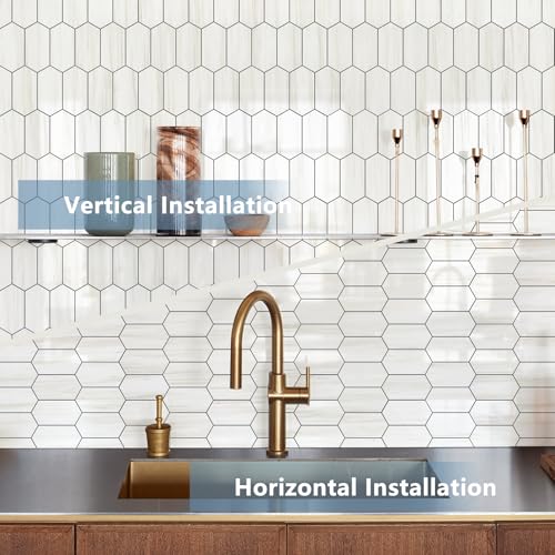 Vamos Tile Long Hexagon Peel and Stick Backsplash Tile - 10 Sheets Stick on Backsplash for Kitchen and Bathroom 12.4 x 12 Inch Glossy Dolomite White PVC Self Adhesive Mosaic Wall Tiles - color: Glossy Dolomite White