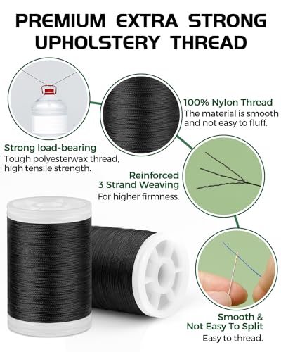 330 Yards FIVEIZERO Extra Strong Upholstery Thread,Black Bonded Nylon Thread for Denim Leather,Craft,Machine,DIY and Home (2 Pack) CJ - color: Black