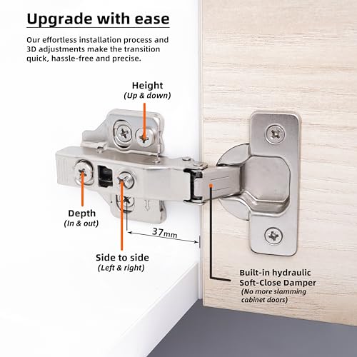 DecoBasics Full Overlay European Soft Close Cabinet Hinges for Kitchen Cabinets (20 Pcs) -105° Frameless Concealed Cabinet Door Hinge -6 Way Adjustability & Clip on Plate for Easy Installation - size: Full Overlay