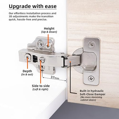 DecoBasics Full Overlay European Soft Close Cabinet Hinges for Kitchen Cabinets (20 Pcs) -105° Frameless Concealed Cabinet Door Hinge -6 Way Adjustability & Clip on Plate for Easy Installation - size: Full Overlay
