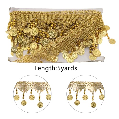 1 Roll 5 Yards DIY Gold Tassel Lace Polyester DIY Belly Dance Performance Costume Accessories Fabric Sewing Trims Use as Furniture Decorations Trimming Curtains Trimming Decorative Pillows