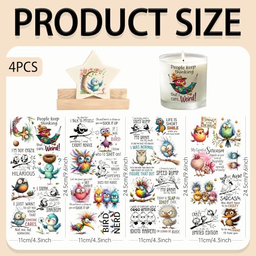 4 Sheets Rub on Transfers for Crafts, Funny owl Furniture Transfers for Wood, Glass, Plastic & Ceramics, Decorative Decals - style: owl