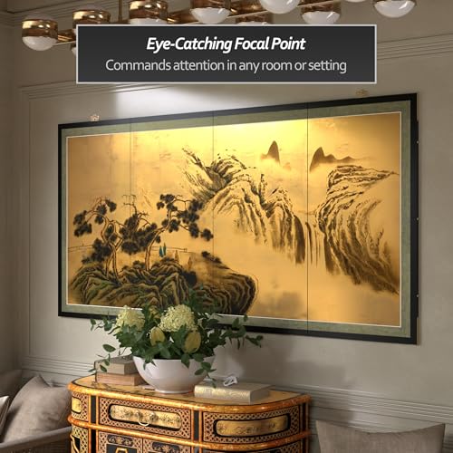 Red Lantern Mountaintop Waterfall on Gold Leaf - color: Mountain Waterfall