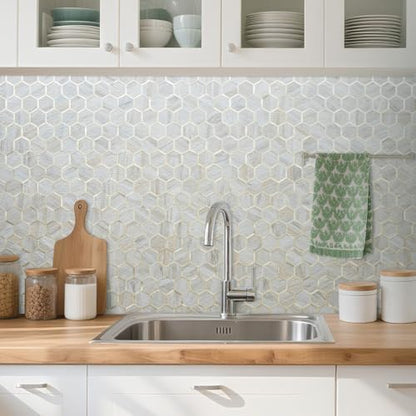 DICOFUN 1 Sheet Hexagon Peel and Stick Backsplash Tile, Beige Slate Mixed Gold Kitchen Backsplash Peel and Stick Wall Tiles - color: Beige Slate + Gold Metal Frame, size: 1 Sheet, 12''x12''x0.12''