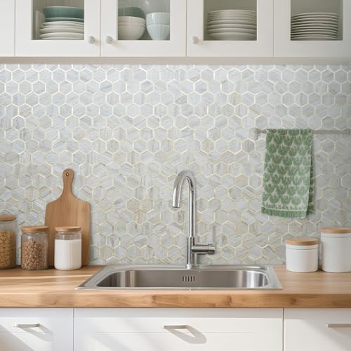 DICOFUN 1 Sheet Hexagon Peel and Stick Backsplash Tile, Beige Slate Mixed Gold Kitchen Backsplash Peel and Stick Wall Tiles - color: Beige Slate + Gold Metal Frame, size: 1 Sheet, 12''x12''x0.12''