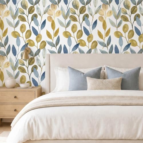 Blue and Gold Leaf Peel and Stick Wallpaper 17.7" x 354" - color: Blue/Gold, size: 17.7" x 354"