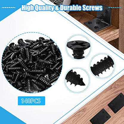 14PC Flat Brackets Mending Plates + 14 Black L Brackets + 140 Stainless Steel Screws, Heavy Duty Straight Corner Plates for Shelves - size: 28PCS, style: L + Flat Brackets