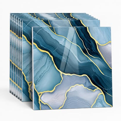 Peel and Stick Kitchen Backsplash Tiles 16PCS – Waterproof Self Adhesive Wall Stickers, Easy DIY Stick On, Heat Resistant Decorative Wall Covering (Blue Agate Gold Foil) - color: Blue Agate Gold Foil