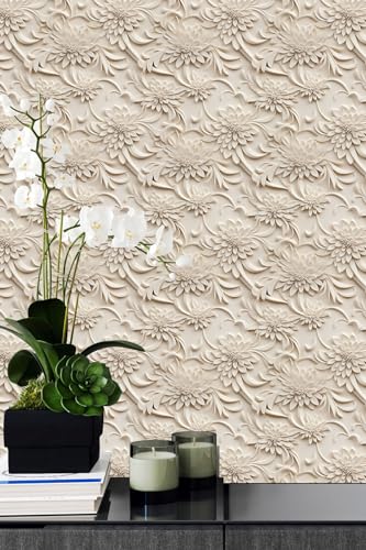 Peel and Stick Wallpaper Light Brown Scroll Floral Feature - color: Light Brown, size: 17.7" x 393.7"