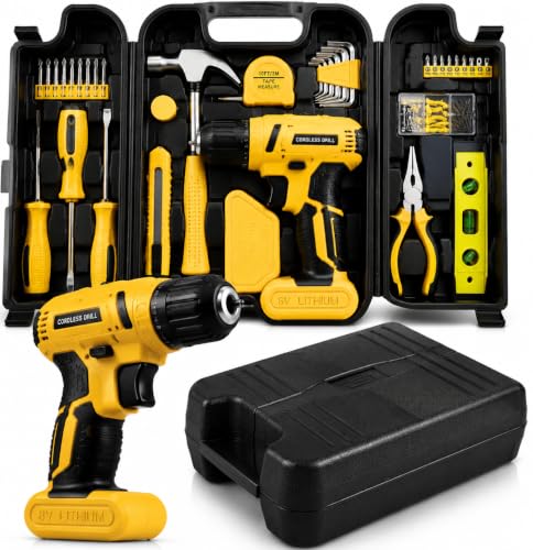 TLGREEN 101-Piece Tool Kit with 8V Cordless Drill and Case, Yellow - color: Yellow
