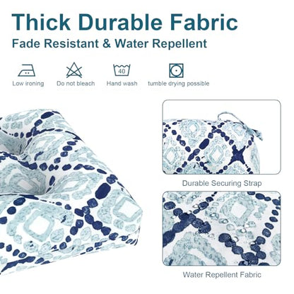 DYTXIII Set of 2 Outdoor Chair Cushions 19"x19"x4", Water Repellent Tufted Patio Seat Cushions with Ties, Thick Replacement Pads for Wicker Dining Chairs, Patio Furniture, Boho Geometry Blue - color: Boho Geometry Blue