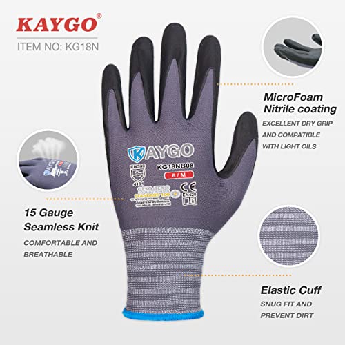 KAYGO Safety Work Gloves, MicroFoam Nitrile Coated, Men Women,KG18N - color: Gray, size: Small