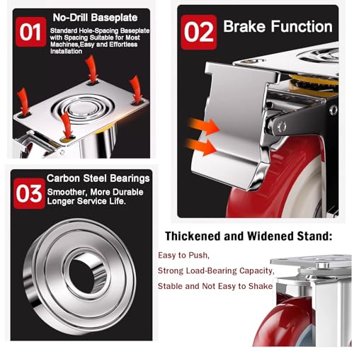 4 inch Casters Load 2400lbs -Includes 2 Sets of Adaptive Screws -Lockable Bearing Plate Heavy Duty Caster with Brakes, 360-degree Swivel for Furniture and Workbench Cart, Set of 4 - size: 4 inch Red