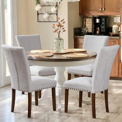 COLAMY Upholstered Parsons Dining Chairs Set of 4, Fabric Dining Room Kitchen Side Chair with Nailhead Trim and Wood Legs - Light Grey - color: F-lightgrey, size: Set of 4