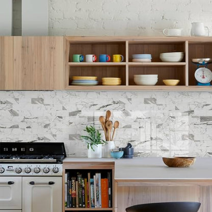 STICKGOO 10-Sheet Subway Tile Peel and Stick Backsplash, Seamless Design Glossy Carrara White Kitchen Backsplash Wall Tiles, Waterproof Stick on Tile for Bathroom, RV, Fireplace - color: Glossy Carrara White
