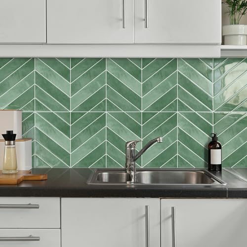 10-Sheet Herringbone Peel and Stick Backsplash Tiles for Kitchen, 3D Marble Look Self Adhesive Stick on Back Splashes Wall Tiles for Bathroom 11.5"x9" Light Green - color: Light Green