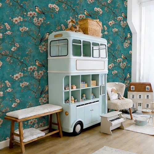 Bird Floral Peel and Stick Wallpaper, Teal Chinoiserie Botanical Wallpaper - color: ML-M091, size: 17.7" x 118"