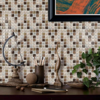 URCOLOR 20 Sheets 3D Self-Adhesive Mosaic Backsplash Tile Peel and Stick - color: Beige Brown