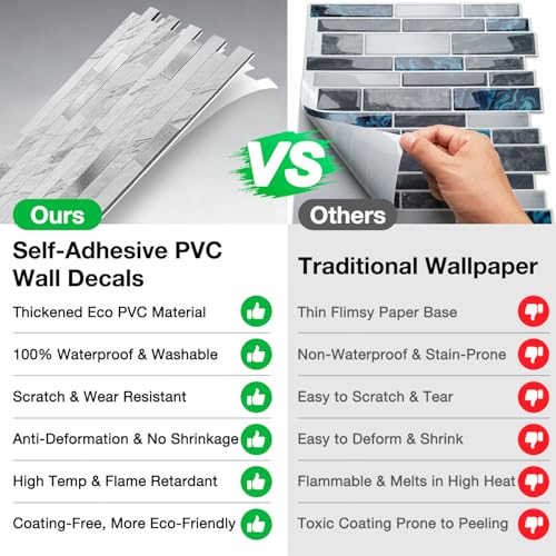 Peel and Stick Backsplash Tile Waterproof Removable PVC Wall Sticker 3D Faux Stone Marble Brick White Accent Panels (White Marble - Metal Silver, 20 Tiles - 9 sq. ft. (0.84 M²)) - color: White Marble - Metal Silver, size: 20 Tiles - 9 sq. ft. (0.84 M²)