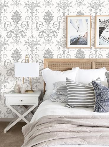Silver Gray Removable Wallpaper Damascus Floral Peel and Stick Wallpaper - color: Silver/Gray, size: 17.3" x 118"