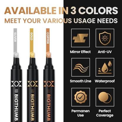 BIGTHUMB 6Pcs Liquid Chrome Paint Markers, Dual Tips Gloss Mirror Marker, Oil-based Permanent Chrome Maker, Reflective Metallic Pen Markers for Repairing, Model Painting DIY Art Projects - style: 6PCS Silver, Gold, Bronze