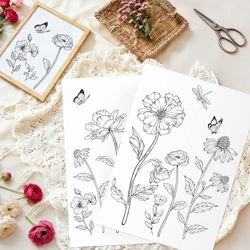 Joeyan Rub On Transfers for Crafts and Furniture, 2 Sheets Large Black White Line Floral Butterfly Rub on Stickers DIY Transfer Decals for Wood Glass Metal Canvas Porcelain Plastic Home Decor - style: Black White Line Floral
