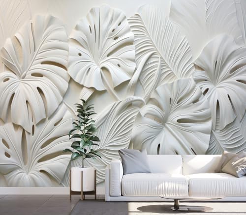 Modern 3D White Monstera Leaf Textured Wallpaper Peel and Stick - color: No.35, size: 135" x 96"