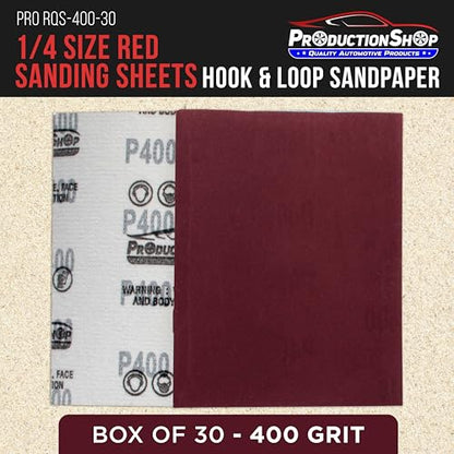 ProductionShop Premium Red 400 Grit 1/4 Sheet Size Red Sanding Sheets, Box of 30 - Hook & Loop Backing Sandpaper, Fine-Cut Abrasive - Fits Palm Sanders, Hand Sanding Blocks - Woodworking, Auto Paint - style: 400 Grit