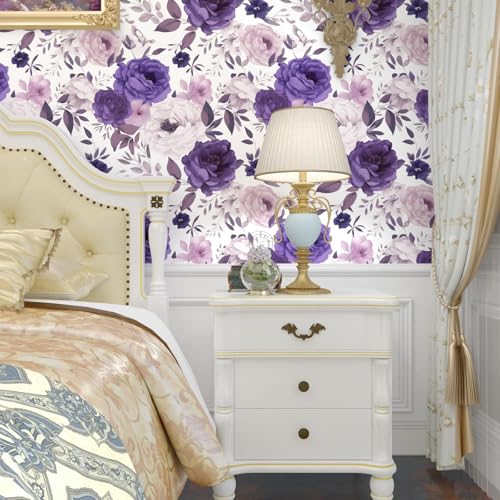 BOKEBEVE Boho Floral Wallpaper Peel and Stick White Purple 17.5 x 393.5In - color: White/Purple, size: 17.5" x 393.5"