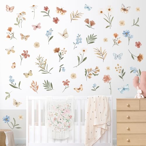 decalmile Boho Daisy Flower Floral Butterflies Wall Decals Stickers - color: Flower