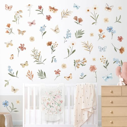 decalmile Boho Daisy Flower Floral Butterflies Wall Decals Stickers - color: Flower