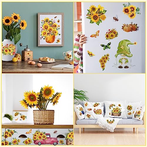 12 Sheets Sunflower Rub on Transfer Flower Decor Transfer Stickers Spring Fall Holiday Rub on Decals for Christmas Wood Furniture and Craft Journal Envelope Scrapbooking, 5.9 x 5.9 Inch - style: Sunflower