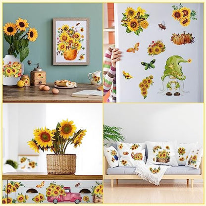 12 Sheets Sunflower Rub on Transfer Flower Decor Transfer Stickers Spring Fall Holiday Rub on Decals for Christmas Wood Furniture and Craft Journal Envelope Scrapbooking, 5.9 x 5.9 Inch - style: Sunflower