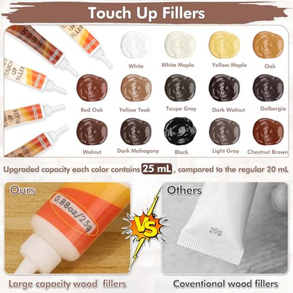 46PCS Wood Furniture Repair Kit, Furniture Touch Up Markers with Wood Fillers, Putty & Beeswax for Scratches, Cracks, Holes, Floors, Tables, Cabinets & Doors